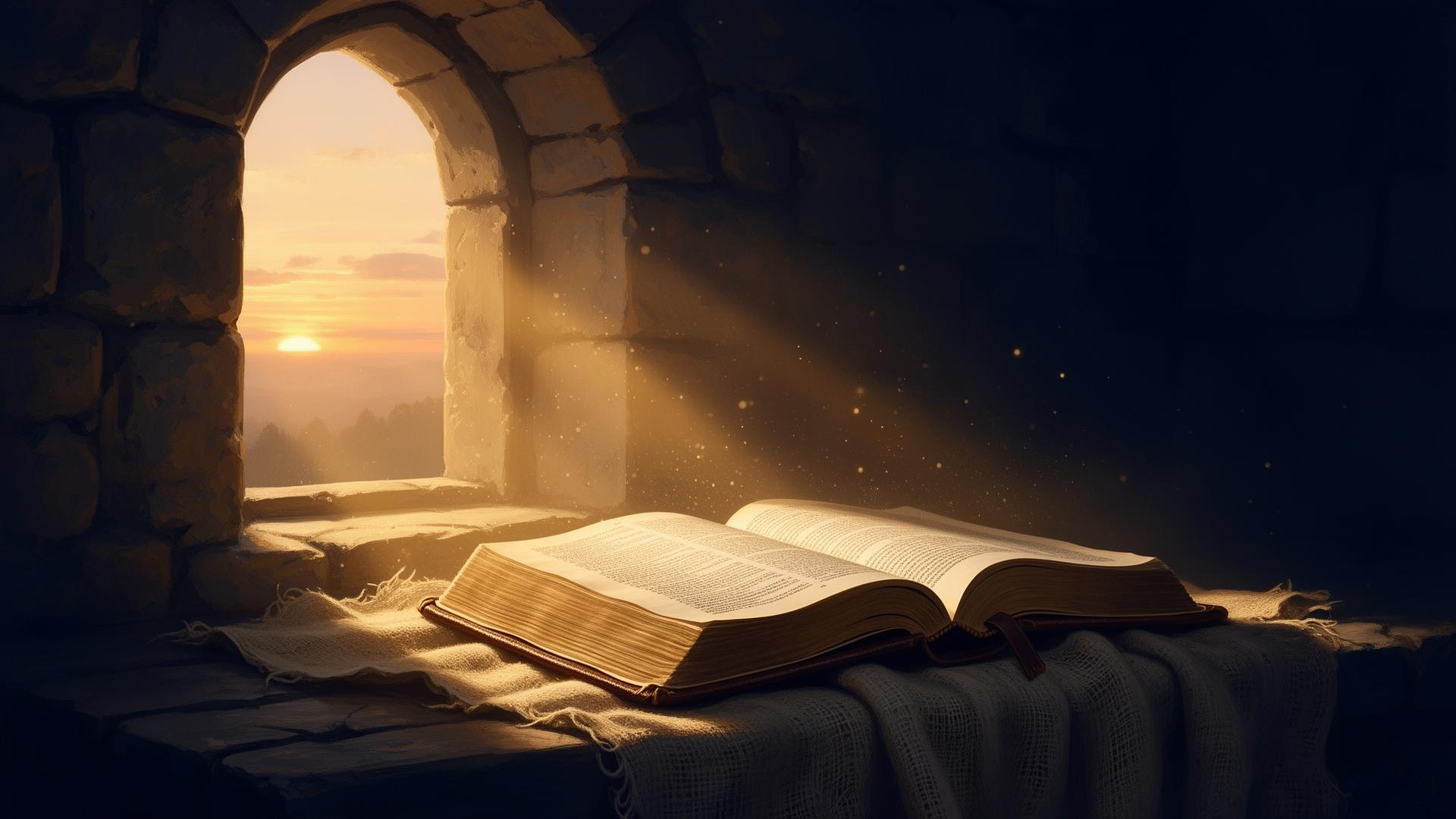 Open Bible illuminated by warm sunrise light through an arched stone window