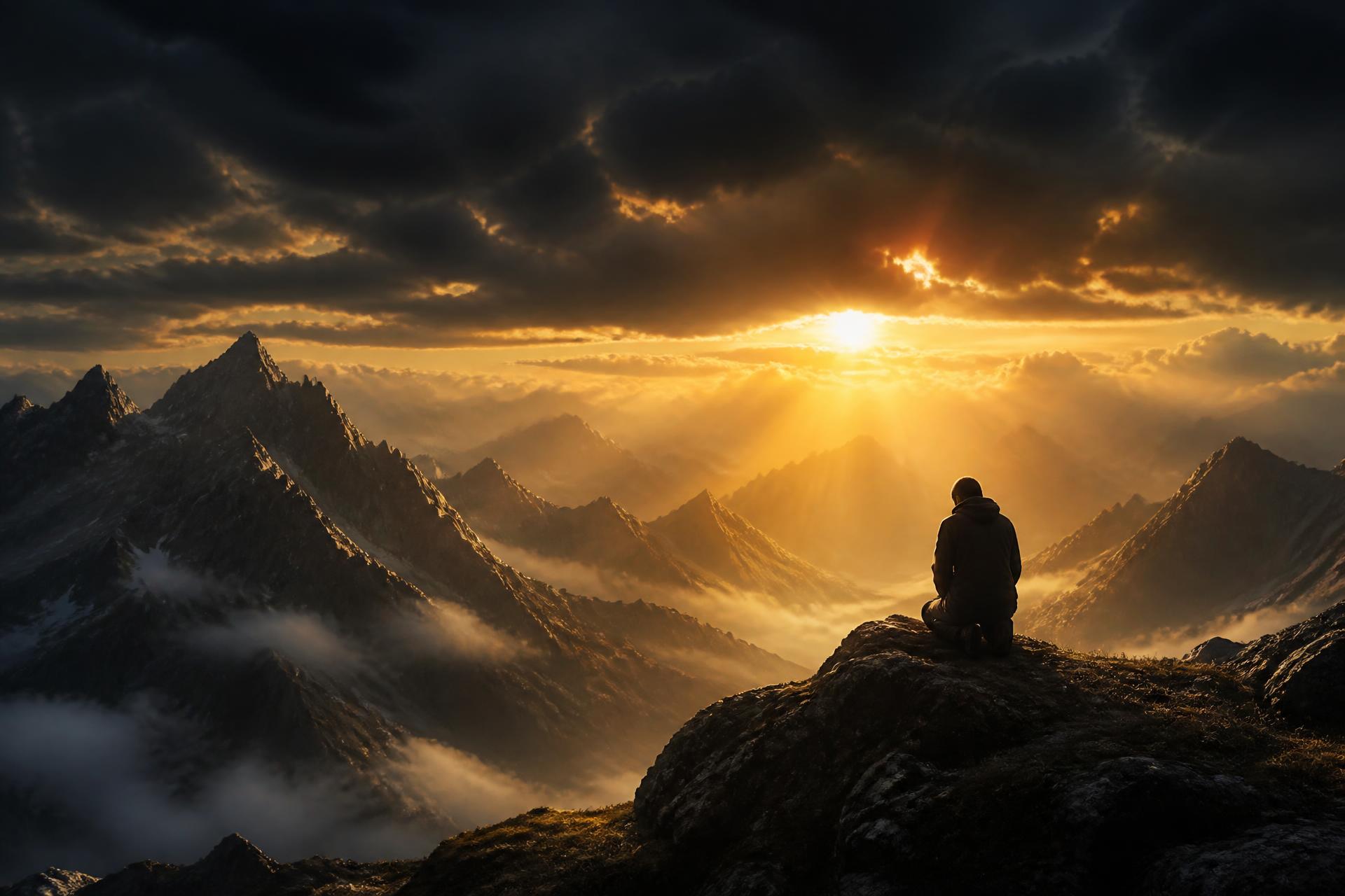 A solitary figure kneeling on a mountain peak as golden sunrise breaks through storm clouds